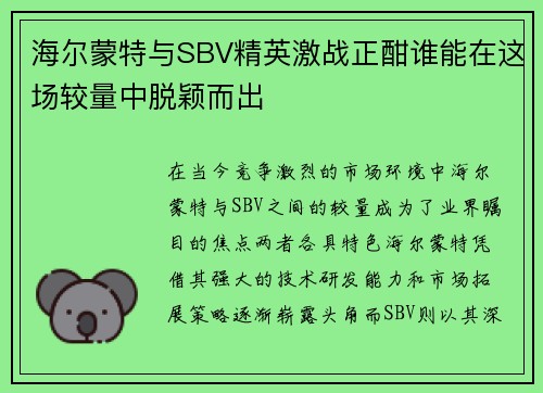海尔蒙特与SBV精英激战正酣谁能在这场较量中脱颖而出